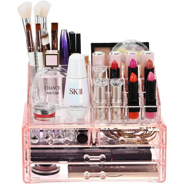 Pink Jewelry Cosmetic Storage Display Boxes Two Pieces Set Organizer Makeup Holder for Vanity SpaceSaving Organization Solution - Image 3