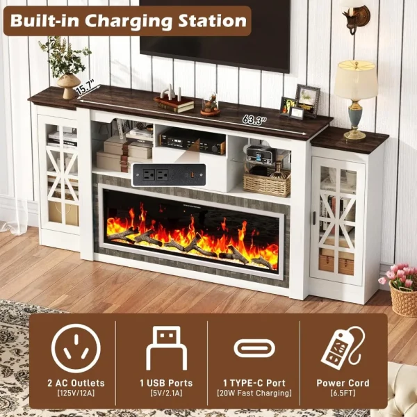 Fireplace TV Cabinet with 50 Electric Fireplace, 42 Tall Entertainment Center for up to 90 TV, w/Charging Station, - Image 2