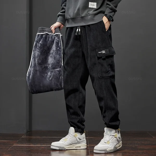 Winter Men's Fleece Warm Cargo Corduroy Pants Jogging Sweatpants Work Y2k Korean Pants Loose Harem Casual Trousers for Men - Image 3