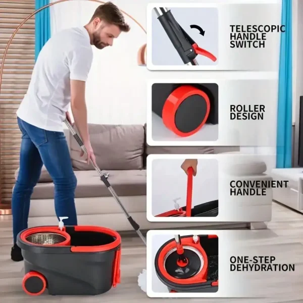 Spinning Mop And Bucket Set, Mop Bucket Set, 360° Spinning Mop Bucket System With 3 Microfiber Replacement Heads - Image 2