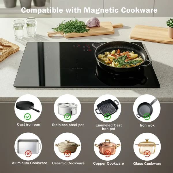30in Built-In 4 Burners, 11600W Touch Control w/ Boost & Bridge-Sync, Easy-Clean Tempered Glass, Child Lock Induction Cooktop - Image 3