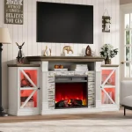 Electric Fireplace TV Cabinet Farmhouse Entertainment Center with Open Shelf and Glass Barn Door, Modern TV Console Table